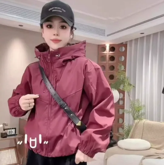 Short American Hooded Loose Small Casual Jacket Top - Purplish Red