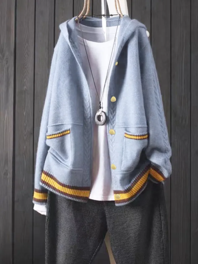 Hooded Knit Cardigan Sweater Coat For Women Light Blue - Shop at LoveMi