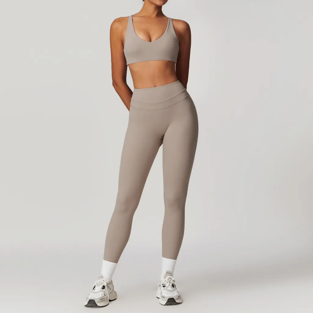 Women's Beautiful Back Yoga Running Fitness Set - Linen Colour-Bras And Trousers-