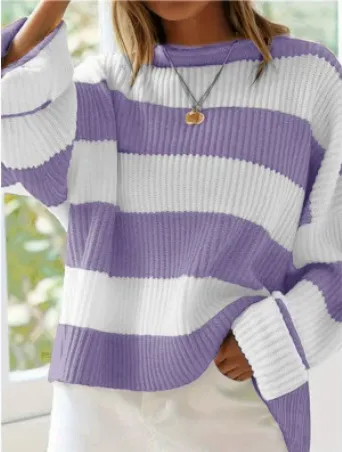 Loose Striped Sweater Fashion Casual Long Batwing Sleeve Round Neck Pullover Knit Tops Women Clothing Purple - Shop at LoveMi
