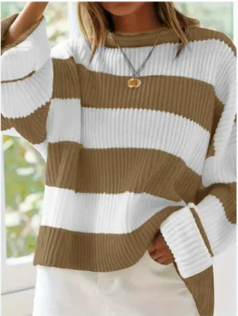 Loose Striped Sweater Fashion Casual Long Batwing Sleeve Round Neck Pullover Knit Tops Women Clothing Deep Khaki - Shop at LoveMi