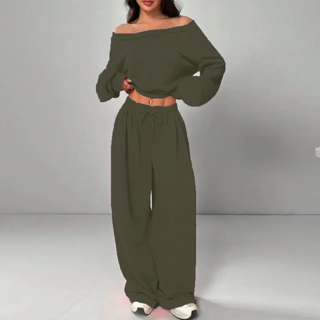 Women's Fashion Slim-fit Off-the-shoulder Navel Solid Color Casual Pants Suit - Army Green