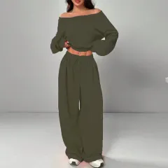 Women's Fashion Slim-fit Off-the-shoulder Navel Solid Colour Casual Pants Suit - Army Green - View 1