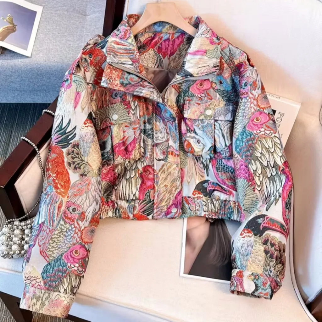 European And American Women's Fall New Peacock Printings Jacket - Red