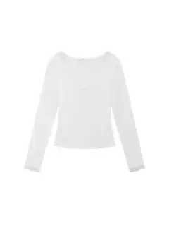 Pure Desire Style Lace V-neck Patchwork Long-sleeved T-shirt For Women - White - View 1