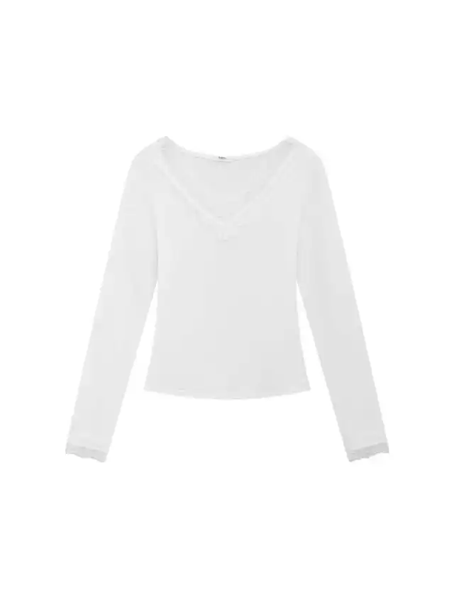 Pure Desire Style Lace V neck Patchwork Long sleeved T shirt For Women White - Shop at LoveMi