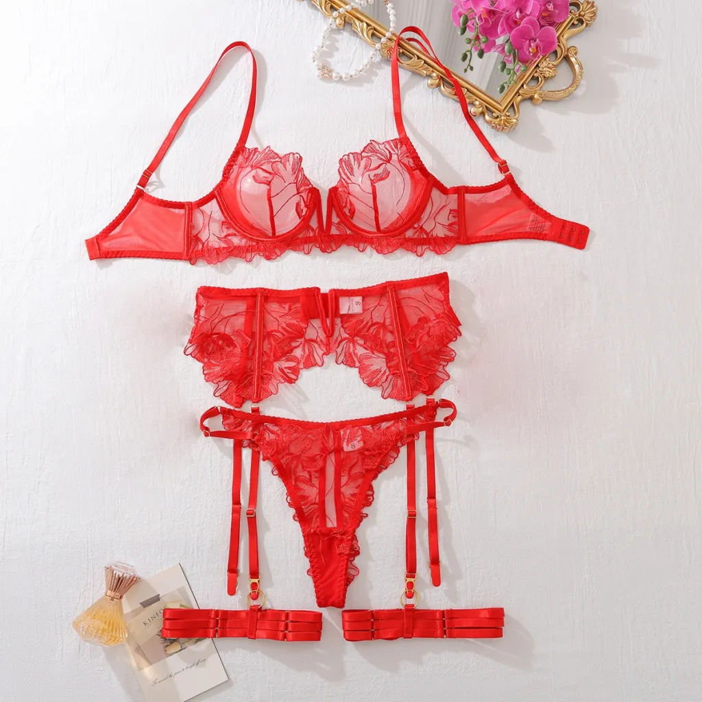 Bra Set Women's Underwear And Underwear Garter Five-piece Set - Red Without Gloves