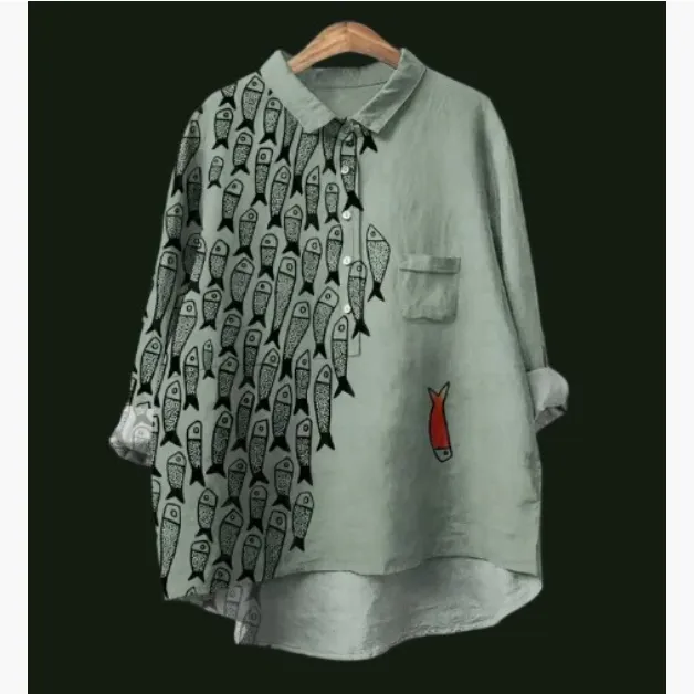 Loose Printed Crew Neck Casual Plus Size Women's Shirt - Colour 37