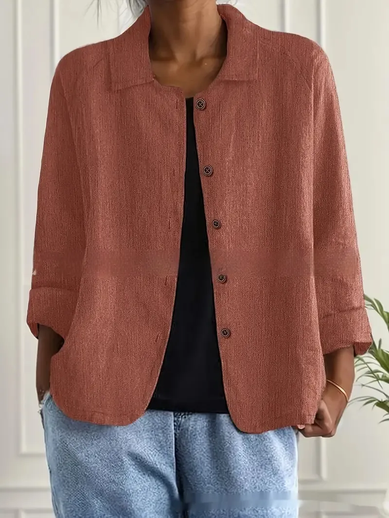 European And American Cotton And Linen Shirt Women's Casual Slimming Cardigan Coat - Light Red