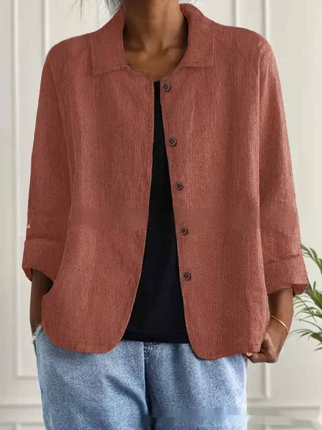 European And American Cotton And Linen Shirt Women's Casual Slimming Cardigan Coat Light Red - Shop at LoveMi