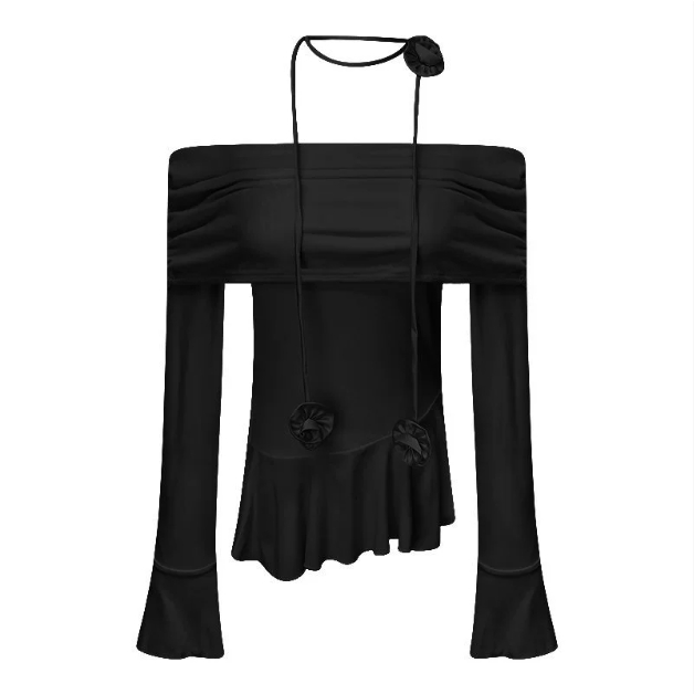 Women's Fashion Solid Color Off shoulder T shirt Black - Shop at LoveMi