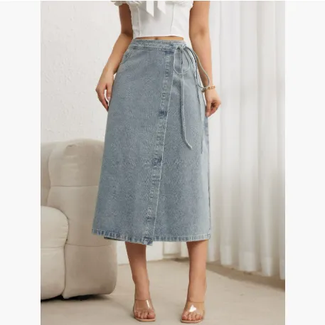 Women's Waist Slit Blue Denim Skirt Light Blue - Shop at LoveMi