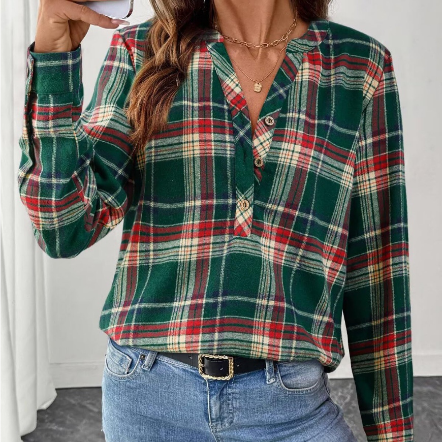 Women's V-neck Plaid Shirt Fashion Casual Shirt