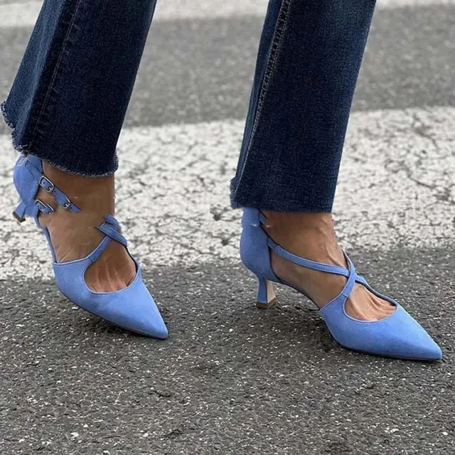Plus Size Pointed Toe Suede Cross Buckle Strap Hollowed Sandals Blue - Shop at LoveMi