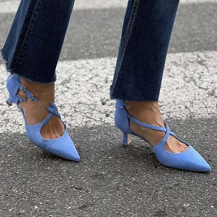Plus Size Pointed Toe Suede Cross Buckle Strap Hollowed Sandals - Blue