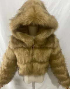 Short Hooded Faux Fur Long Sleeve Coat - Grass Color Dye Tip-2Xl - View 1