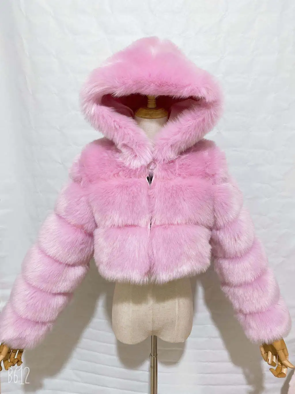 Short Hooded Faux Fur Long Sleeve Coat - Light Purple