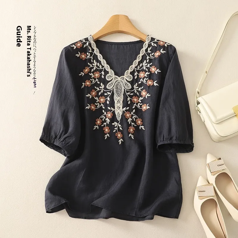 Embroidered Women's Elegant Lace V-neck Half Sleeves Pullover Shirt - Navy Blue