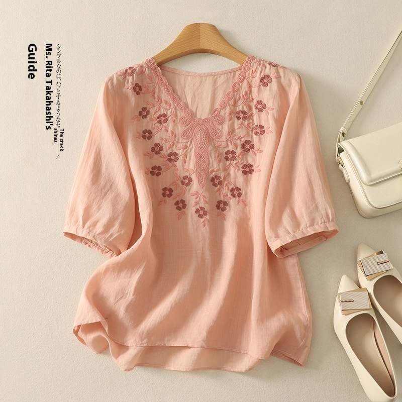 Embroidered Women's Elegant Lace V-neck Half Sleeves Pullover Shirt