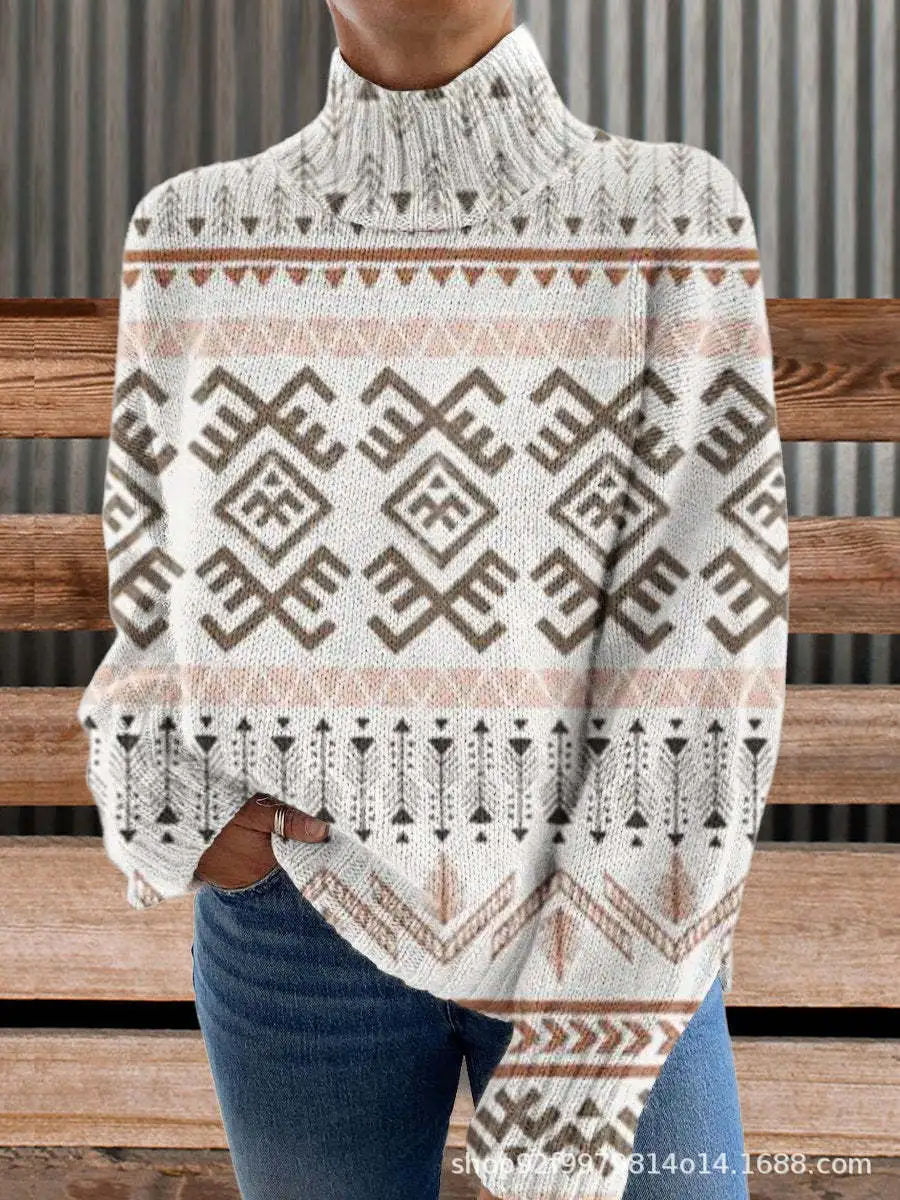 3D Striped Pattern Printed Turtleneck Long Sleeve Sweater - 5Color-2Xl