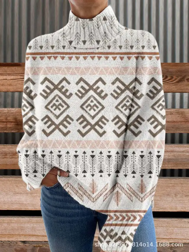 3D Striped Pattern Printed Turtleneck Long Sleeve Sweater 5Color 2Xl - Shop at LoveMi