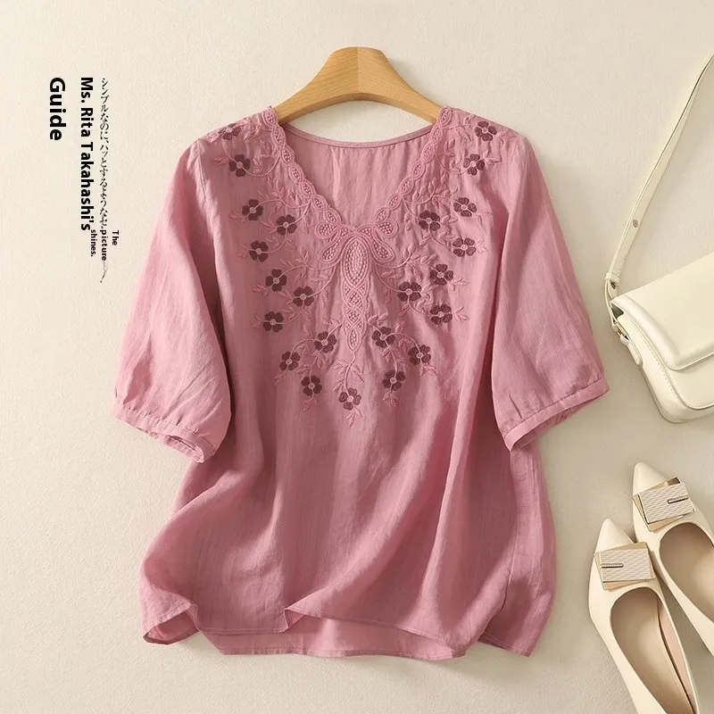 Embroidered Women's Elegant Lace V-neck Half Sleeves Pullover Shirt - Rose