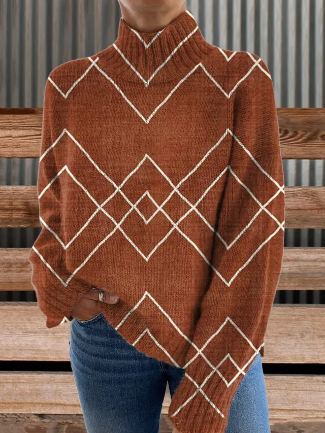 3D Striped Pattern Printed Turtleneck Long Sleeve Sweater 2Color M - Shop at LoveMi