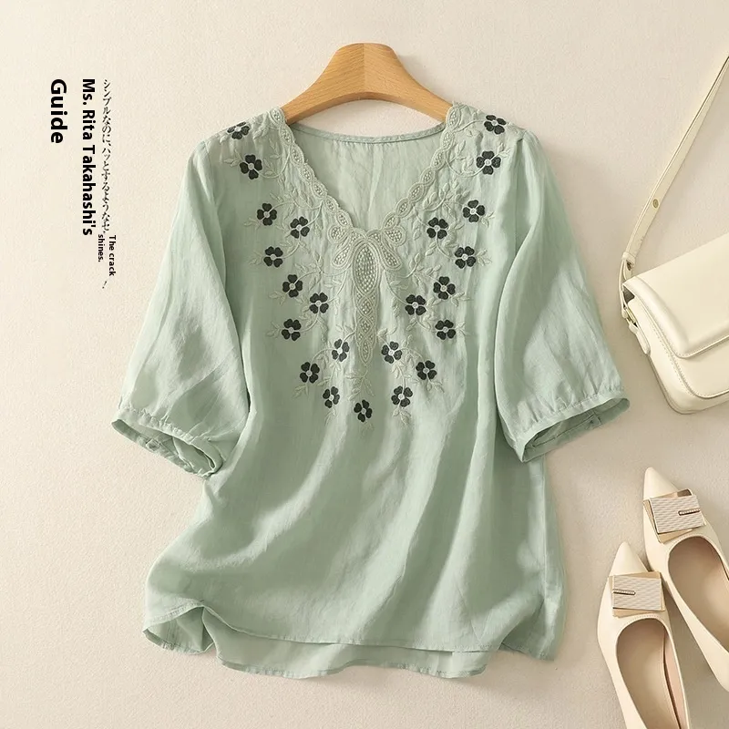 Embroidered Women's Elegant Lace V-neck Half Sleeves Pullover Shirt - Green