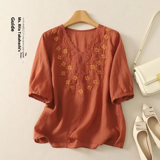 Embroidered Women's Elegant Lace V neck Half Sleeves Pullover Shirt Orange - Shop at LoveMi