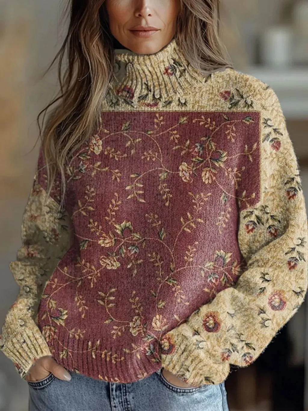 Women's Christmas Printed Turtleneck Sweater - 40Style-S