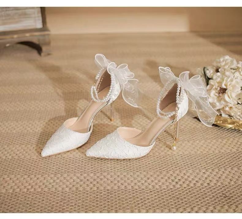 Lace Pointed Toe Wedding Heels with Bows