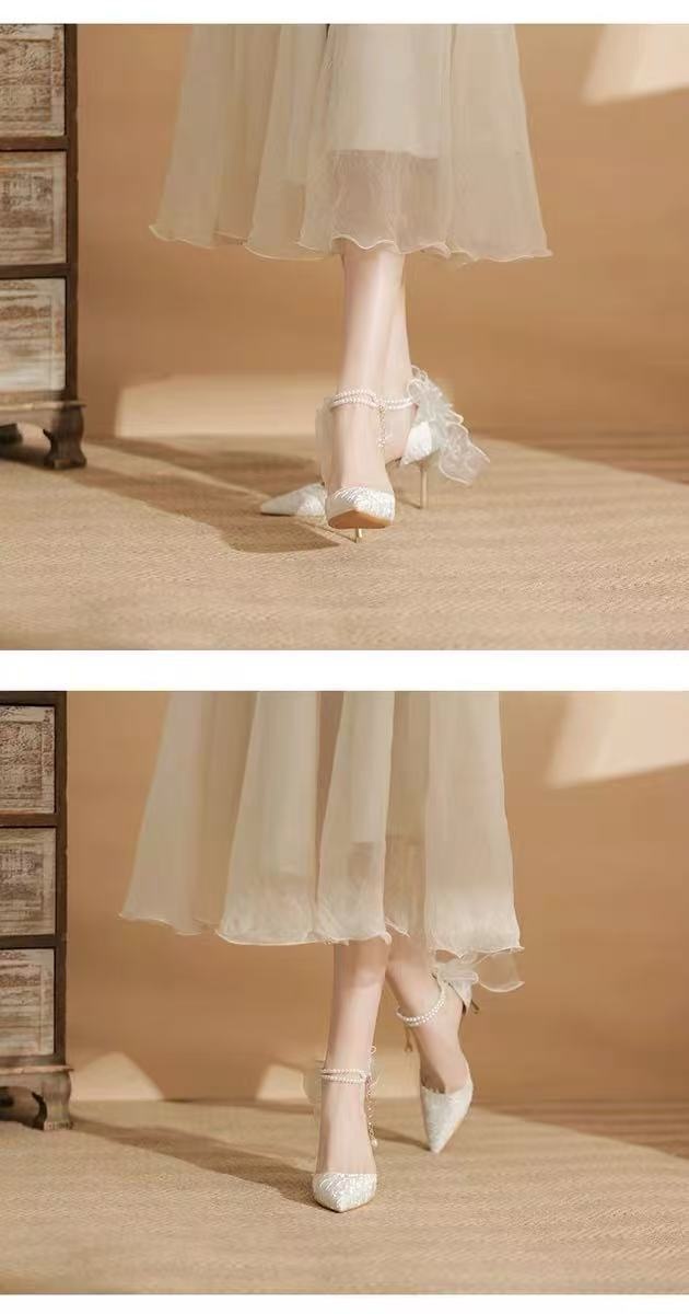 Lace Pointed Toe Wedding Heels with Bows