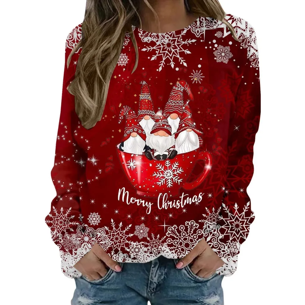 New Women's Long Sleeve Digital 3D Printing Cartoon Elk Round Neck Loose Sweatshirt - Style 3-Xl