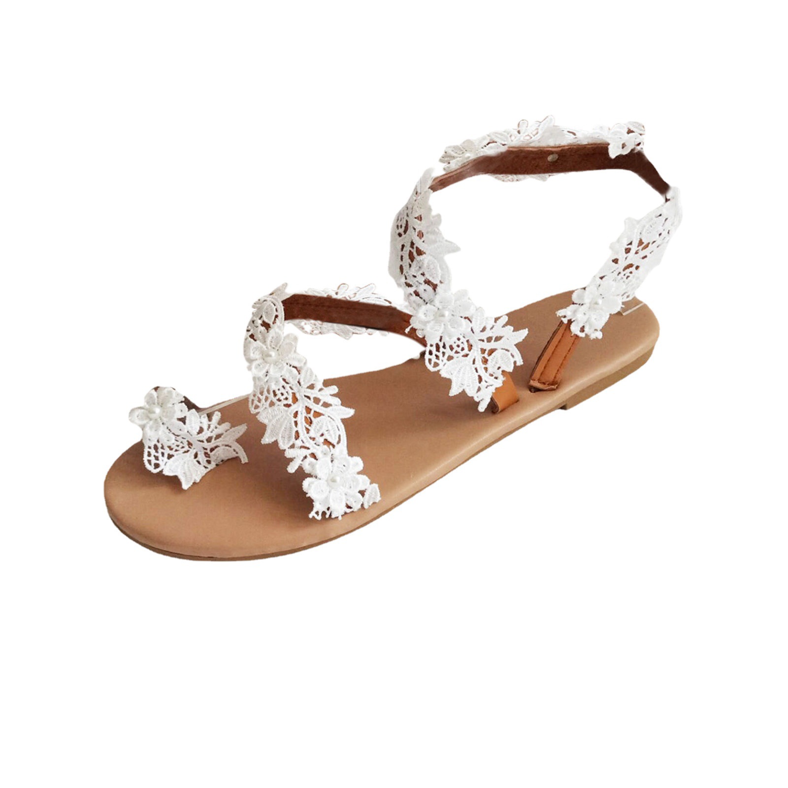 Bohemian Floral Lace Flat Wedding Sandals in White and Beige