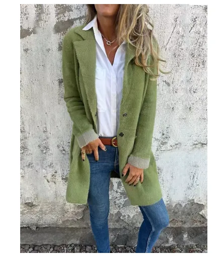 Polo Collar Pocket Cardigan Single breasted Mid length Plush Coat Olive - Shop at LoveMi