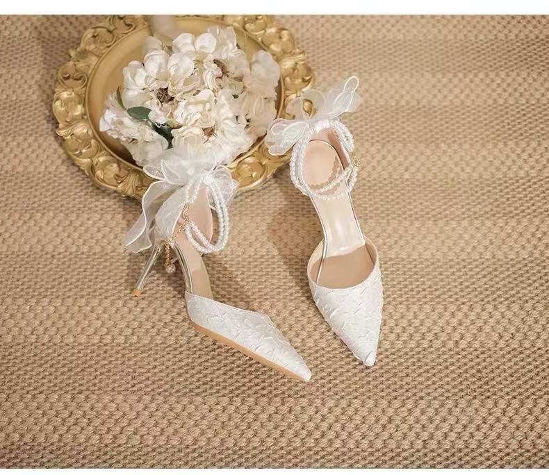 Lace Pointed Toe Wedding Heels with Bows