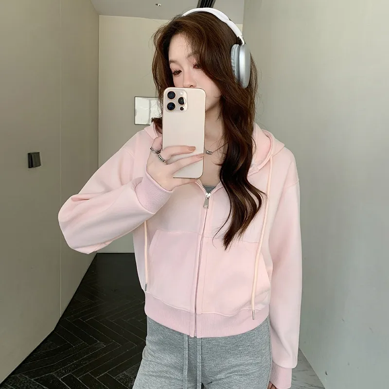 Hooded Zipper Short Sweater Coat For Women Spring And Autumn - Pink
