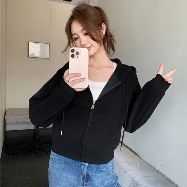 Hooded Zipper Short Sweater Coat For Women Spring And Autumn Black - Shop at LoveMi