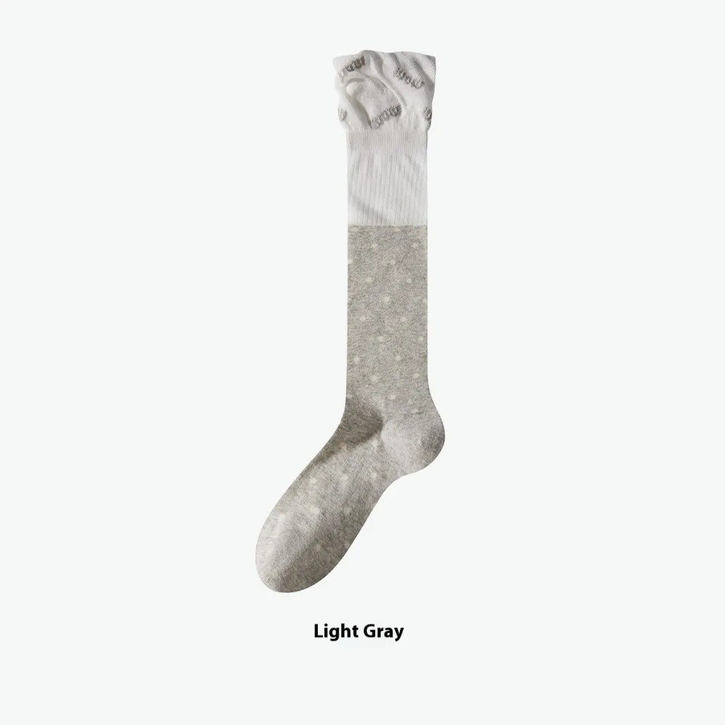 Women's Lace Letter Splicing Polka Dot Long Tube Comfortable Calf Socks - Light Gray