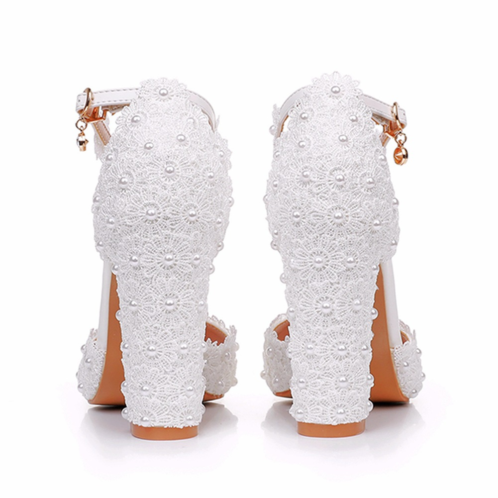 Beaded Chunky Heel Wedding Shoes with Lace Flowers