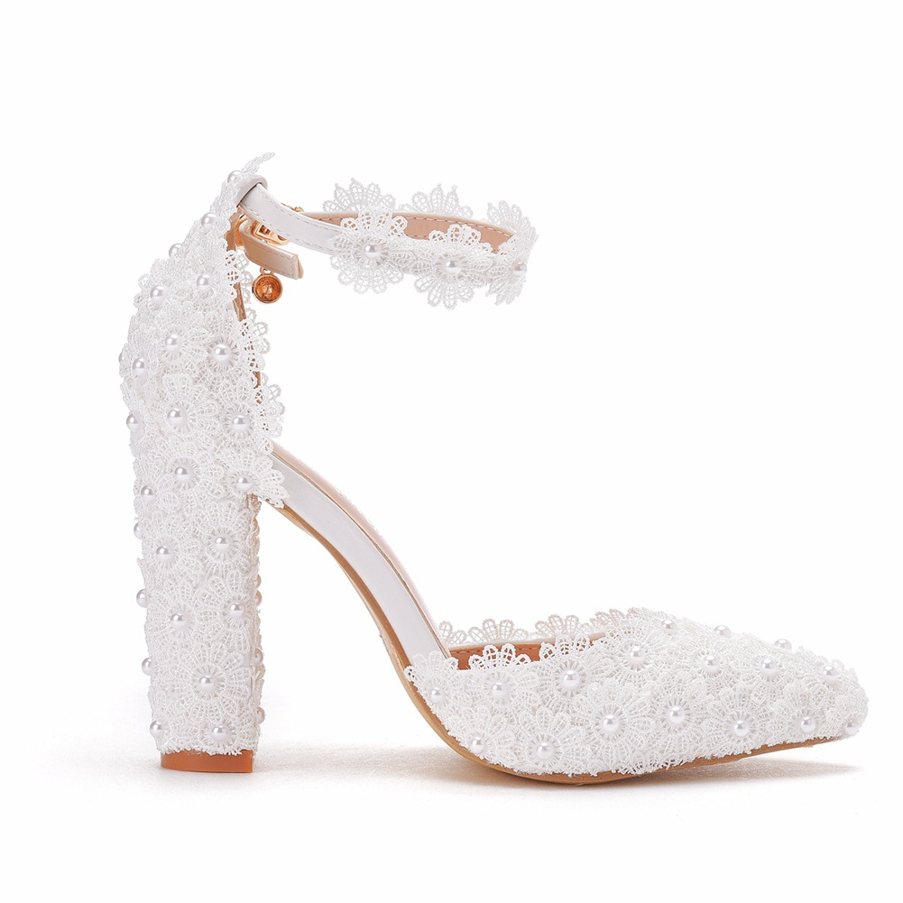 Beaded Chunky Heel Wedding Shoes with Lace Flowers