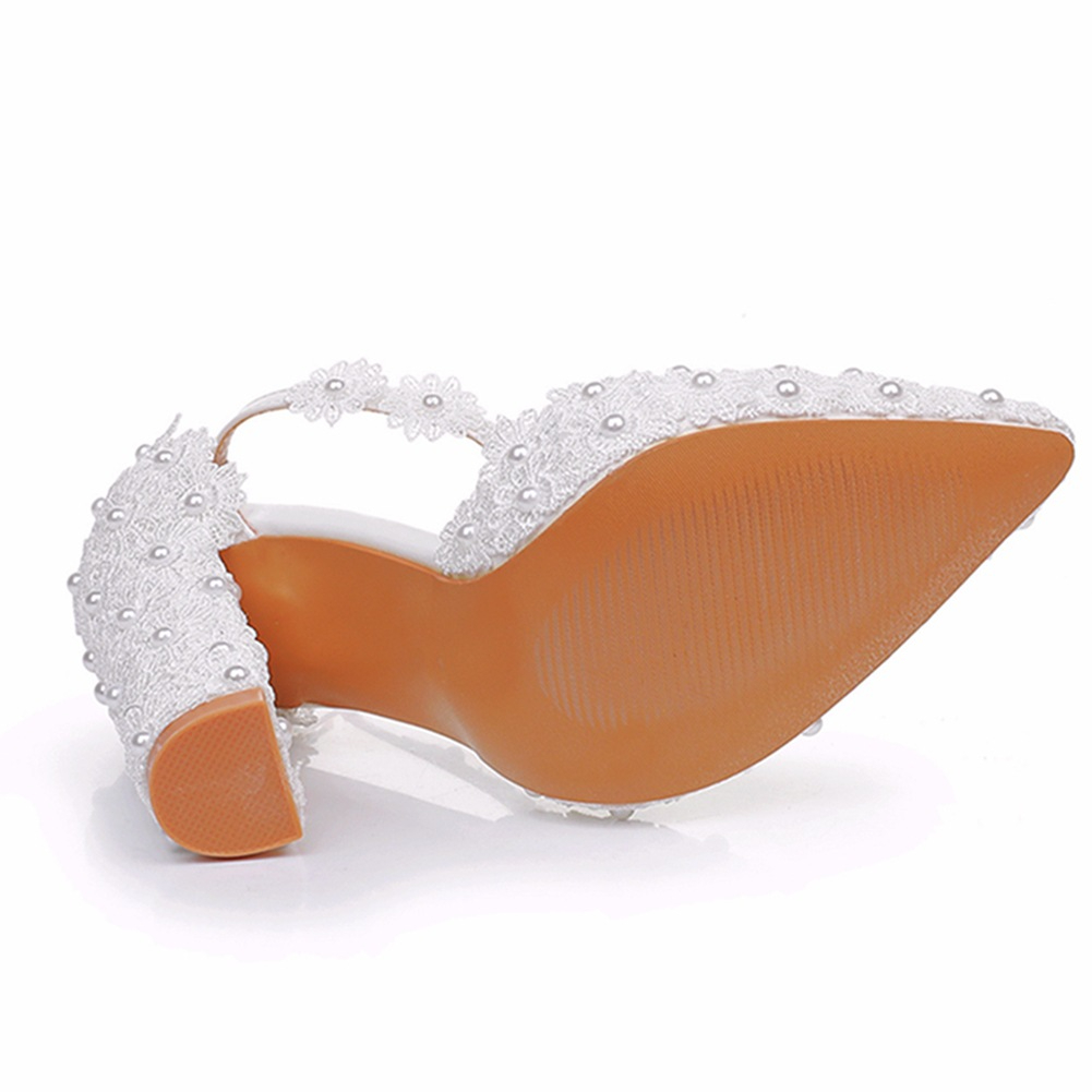 Beaded Chunky Heel Wedding Shoes with Lace Flowers