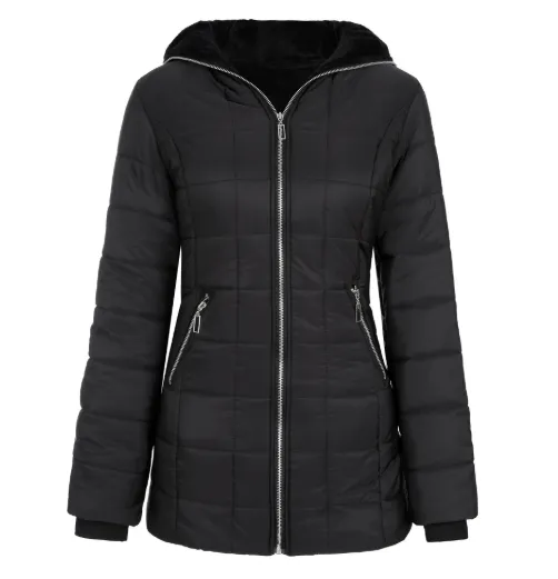 Ladies' Hooded Long sleeved Warm Cotton padded Jacket With Fleece Black - Shop at LoveMi