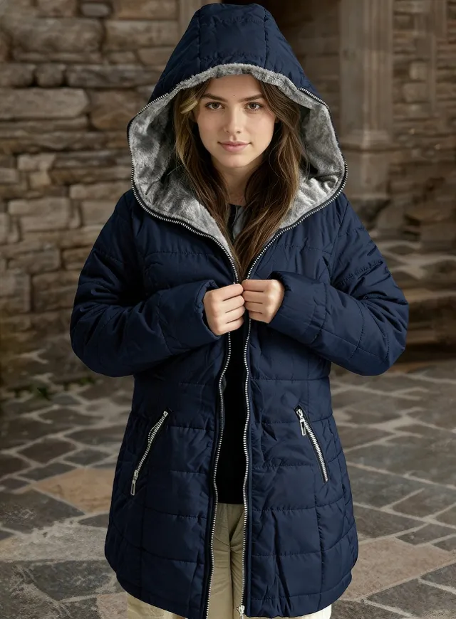 Ladies' Hooded Long sleeved Warm Cotton padded Jacket With Fleece Blue - Shop at LoveMi