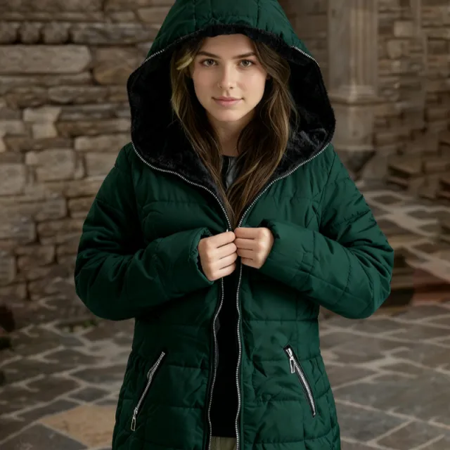 Ladies' Hooded Long sleeved Warm Cotton padded Jacket With Fleece Green - Shop at LoveMi