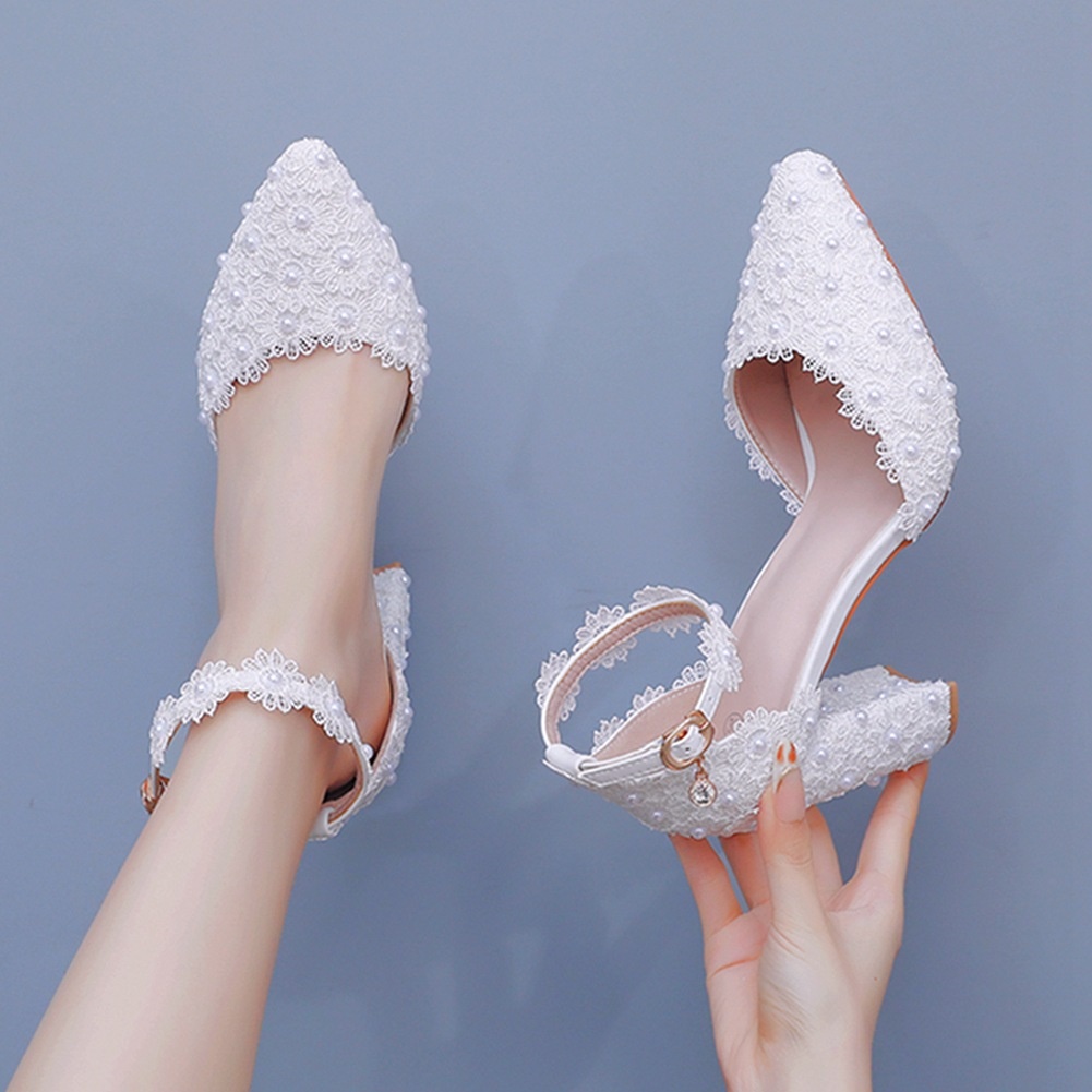 Beaded Chunky Heel Wedding Shoes with Lace Flowers