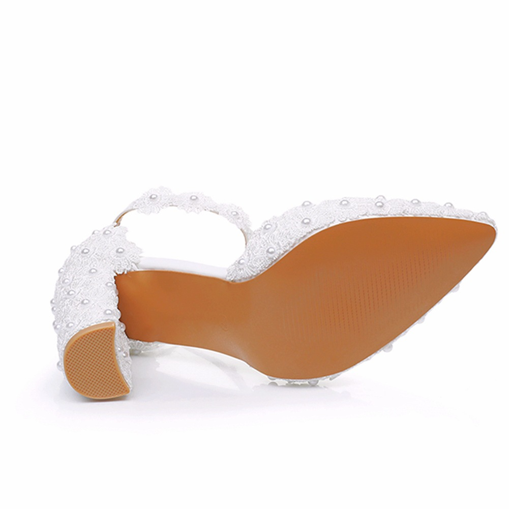 Beaded Chunky Heel Wedding Shoes with Lace Flowers