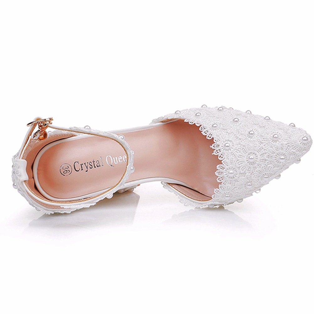 Beaded Chunky Heel Wedding Shoes with Lace Flowers