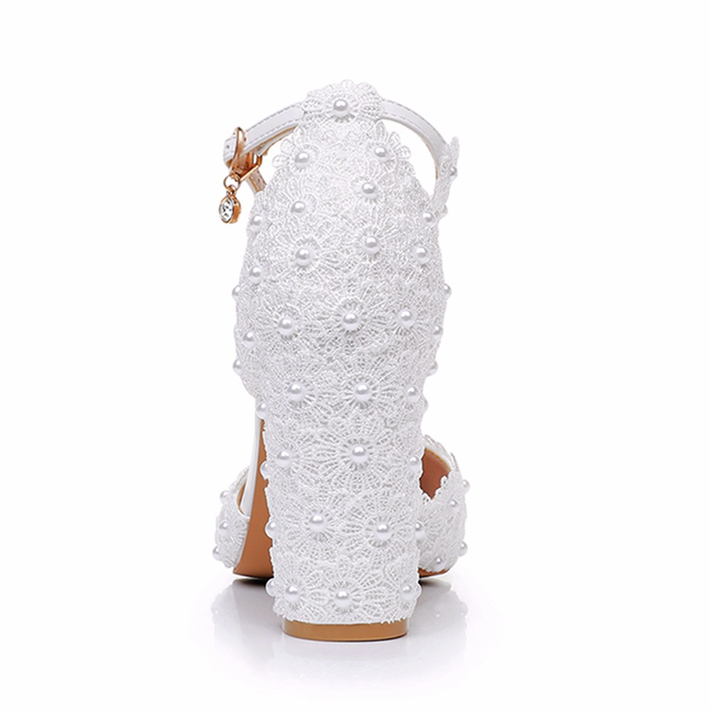 Beaded Chunky Heel Wedding Shoes with Lace Flowers