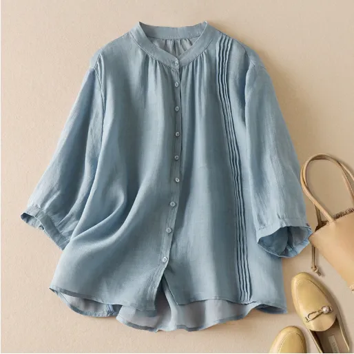 Temperament Leisure Style Artistic Retro Solid Color Summer Thin Cotton And Linen Shirt Blue - Shop at LoveMi